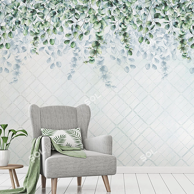 Title: Eco-mural Eucalyptus Leaves: Nature-inspired Embossed Wallpaper 3D model image 3