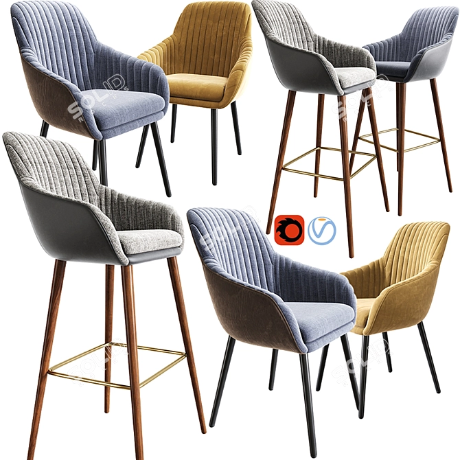 Sleek Strip Bar Stool & Dining Chair Set 3D model image 1