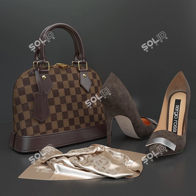 Elegant Grey Pumps and LV Bag 3D model image 1