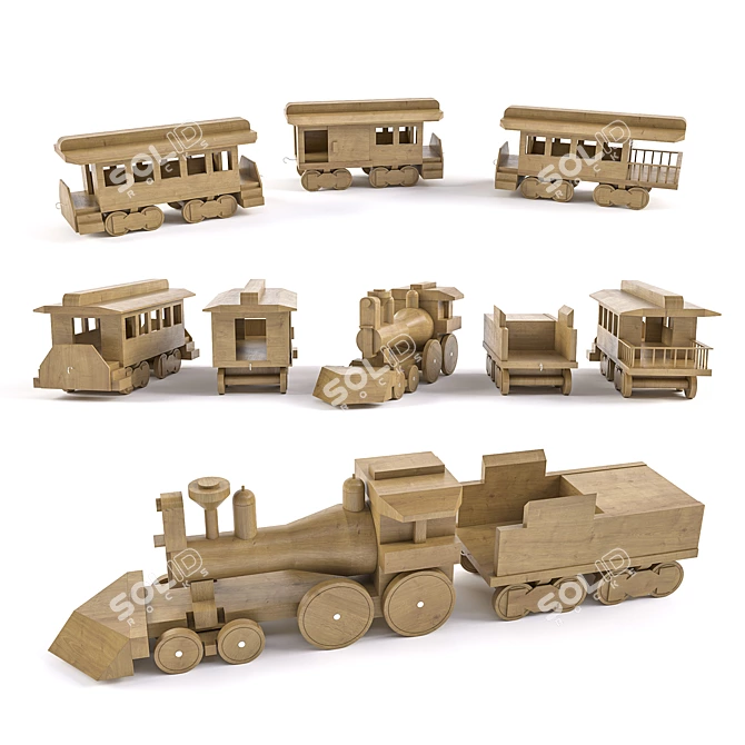 Wooden Toy Train: Steam Locomotive and Four carriages 3D model image 1