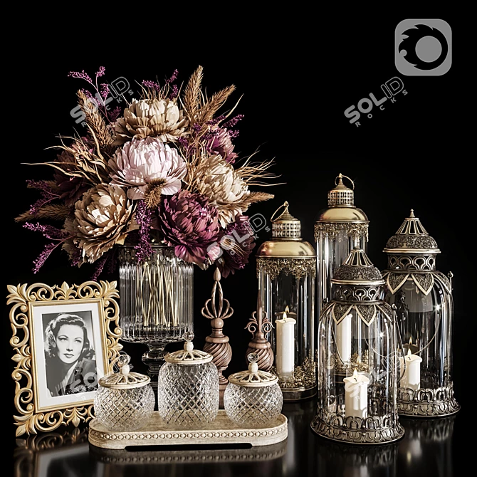 Vintage Lantern with 20 Dried Flower Bouquet 3D model image 1