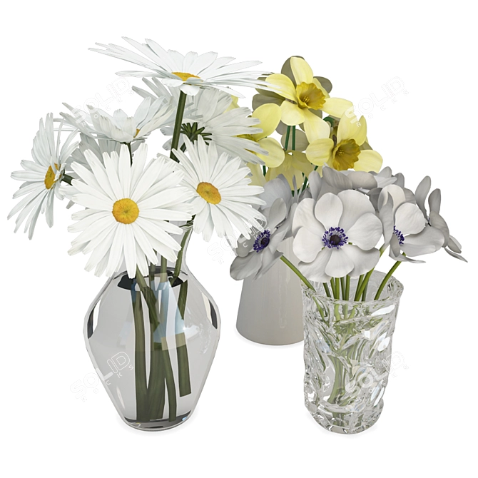 Exquisite Vase Trio with 3D Floral Bouquet 3D model image 1