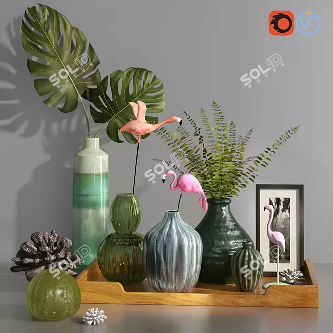 Title: Tropical Flamingo Decor Set 3D model image 1