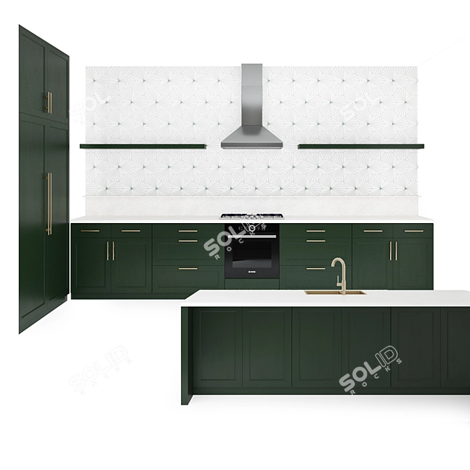 Vintage Charm Kitchen: Green & Brass 3D model image 1