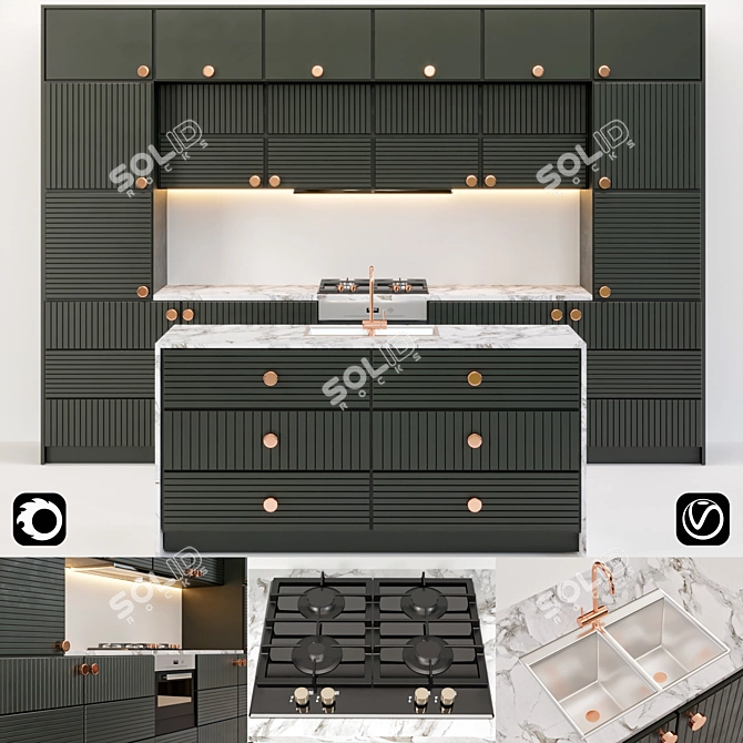 2-in-1 Kitchen: Blue & Green Units, Chrome & Gold Finish 3D model image 1