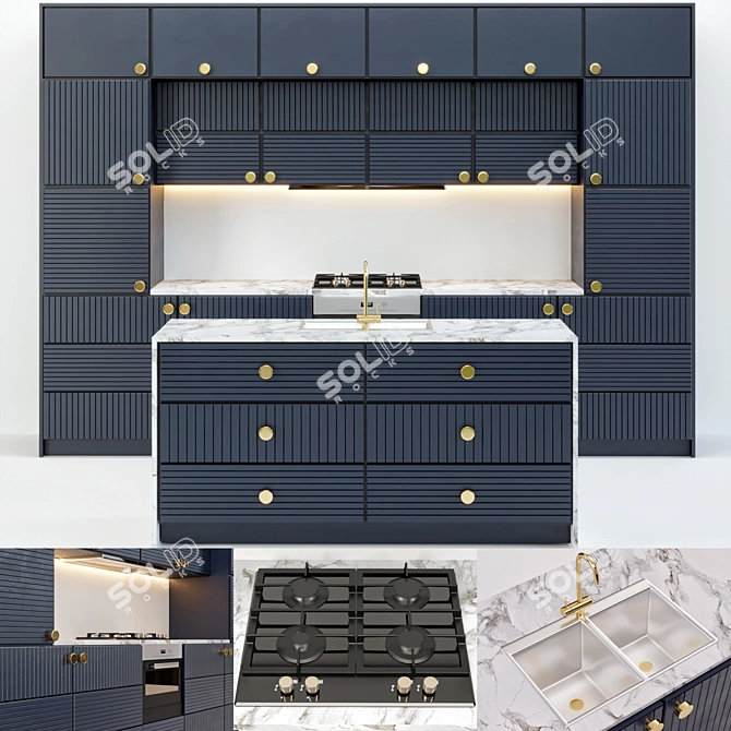 2-in-1 Kitchen: Blue & Green Units, Chrome & Gold Finish 3D model image 2