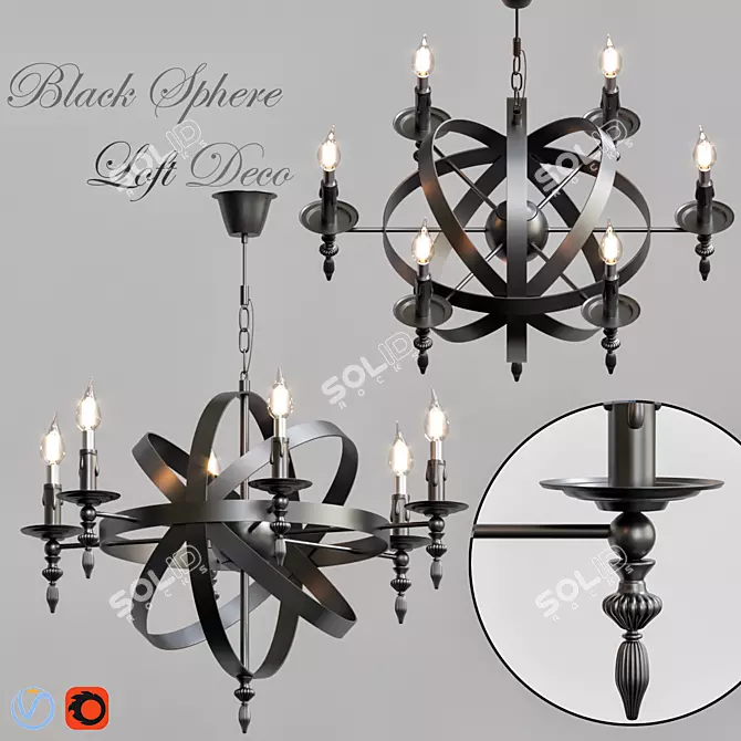 Black Sphere Loft Deco Chandelier 3D model image 1