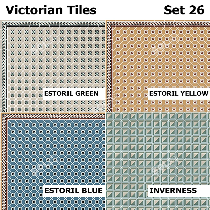 Victorian Tile Set: Estoril Green, Yellow, Blue, & Inverness 3D model image 1