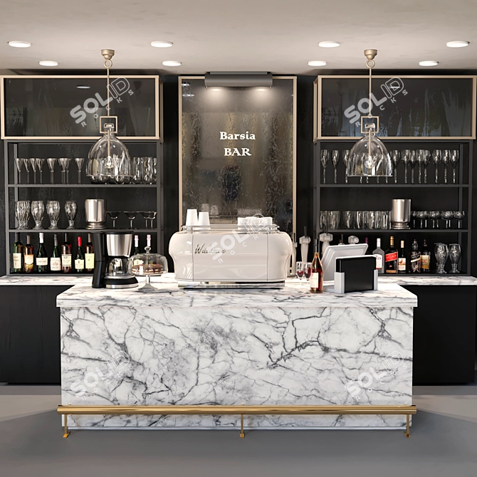 Sophisticated Pub Design: Bar Counter, Marble, Lamp, Glass, Coffee Machine 3D model image 1