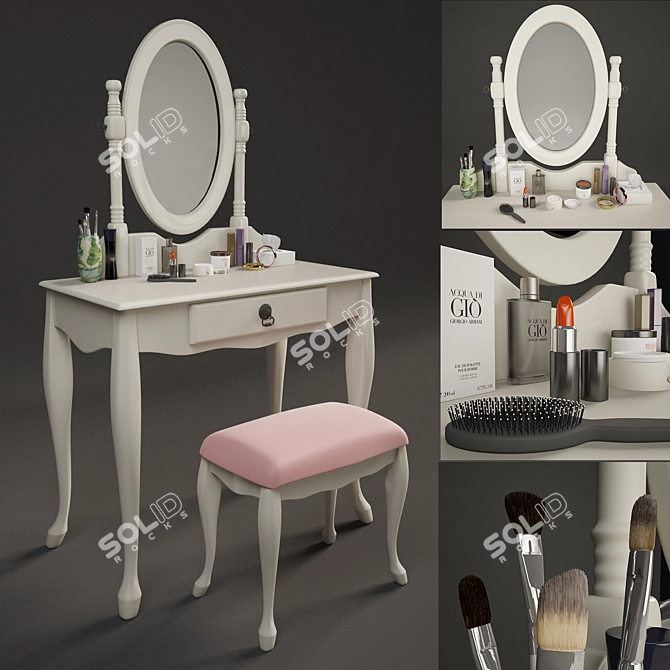 Glam Vanity Set: Table, Mirror & Puff 3D model image 1