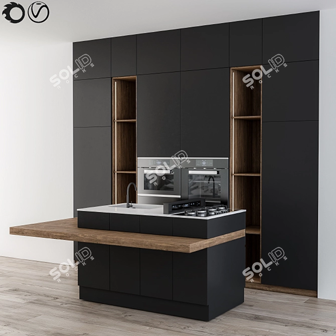 Sleek Black Smart Kitchen Set 3D model image 1