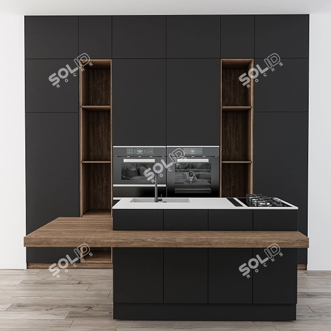 Sleek Black Smart Kitchen Set 3D model image 2