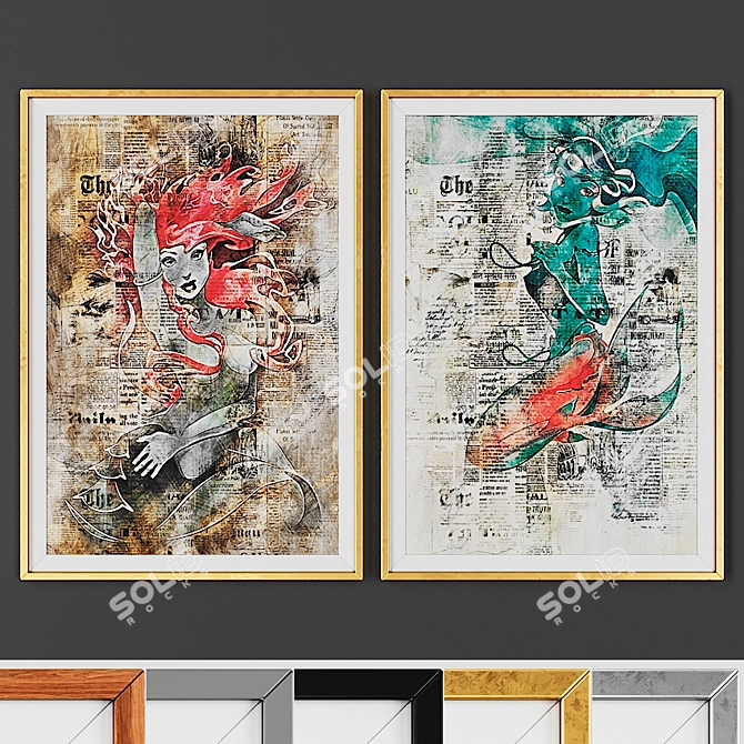 Elegant Picture Frame Set: 2 Artwork Compositions, 5 Frame Options (Black, Gray, Wood, Gold, Silver) 3D model image 1