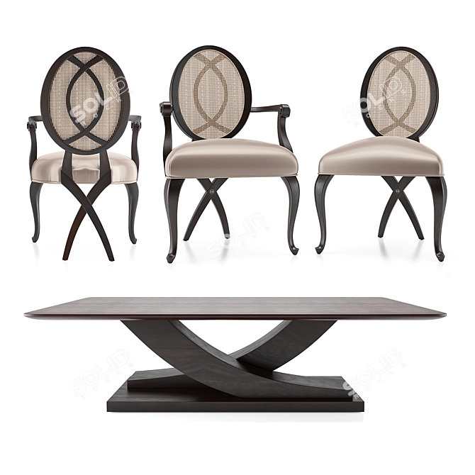 Elegant Table Set with Rattan Chairs 3D model image 2