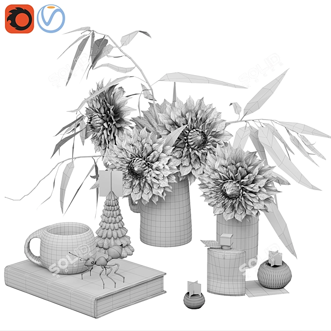 Garden Marigold Dahlia Decor Set 3D model image 2