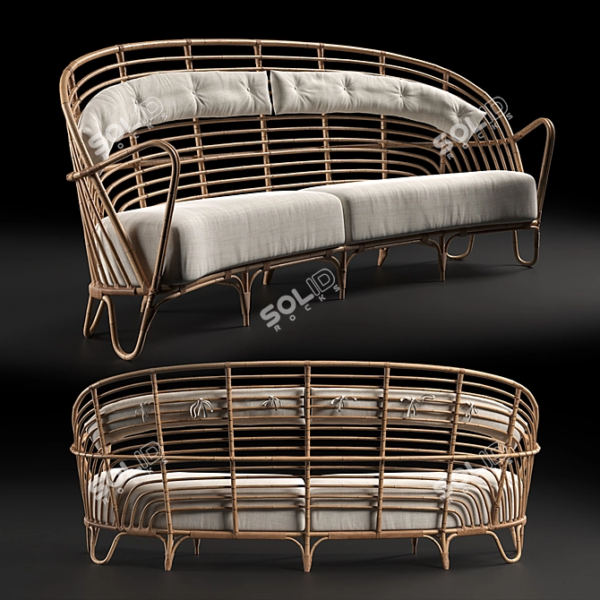 Danish Curved Rattan Sofa: Timeless Elegance & Comfort 3D model image 1