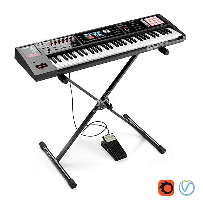 Complete Synth Setup: Roland FA-06, Stand, and Expression Pedal 3D model image 1