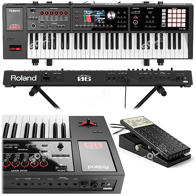 Complete Synth Setup: Roland FA-06, Stand, and Expression Pedal 3D model image 2