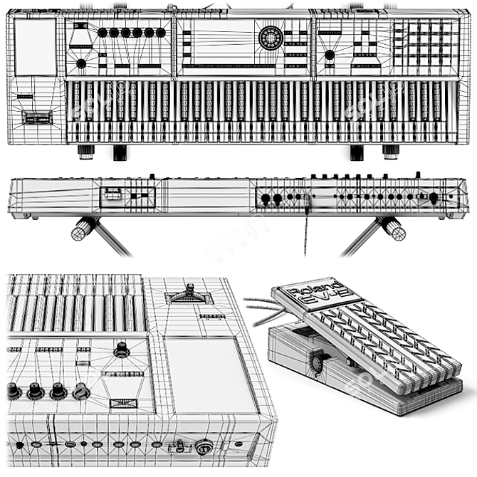 Complete Synth Setup: Roland FA-06, Stand, and Expression Pedal 3D model image 3