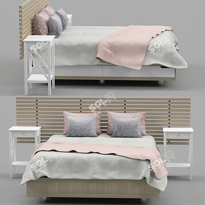 Elegant White Lacquered Wooden Bed 3D model image 1