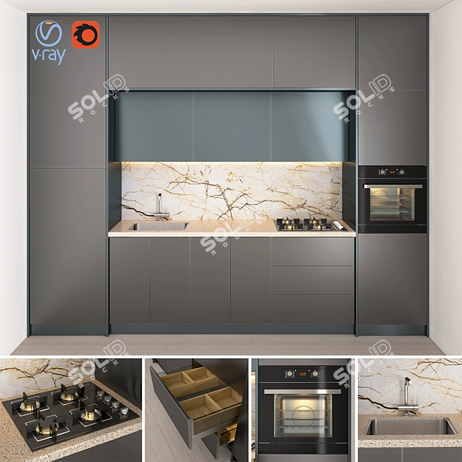 4-Drawer Cabinet with Gas Hob, Hood, Sink, and Oven 3D model image 1