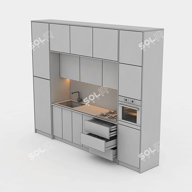 4-Drawer Cabinet with Gas Hob, Hood, Sink, and Oven 3D model image 3