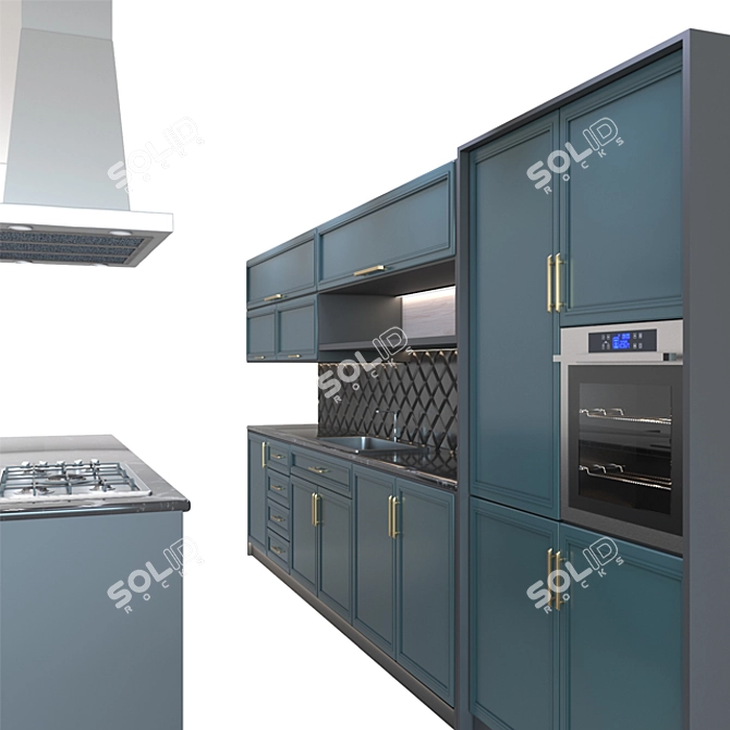 Sleek Blue and Black Modern Kitchen 3D model image 2