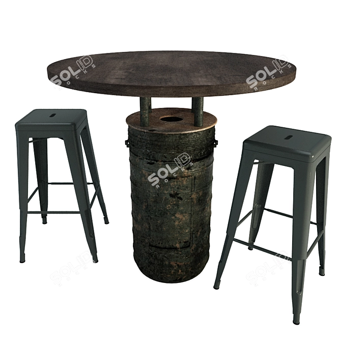 Industrial Black Barrel Table & Tolix Barstools 3D model image 1