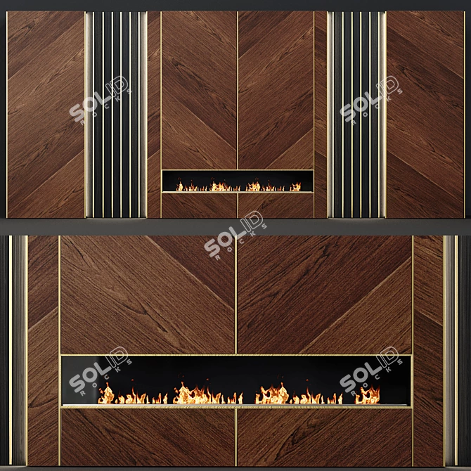 Modern Walnut and Brass Fireplace 3D model image 1