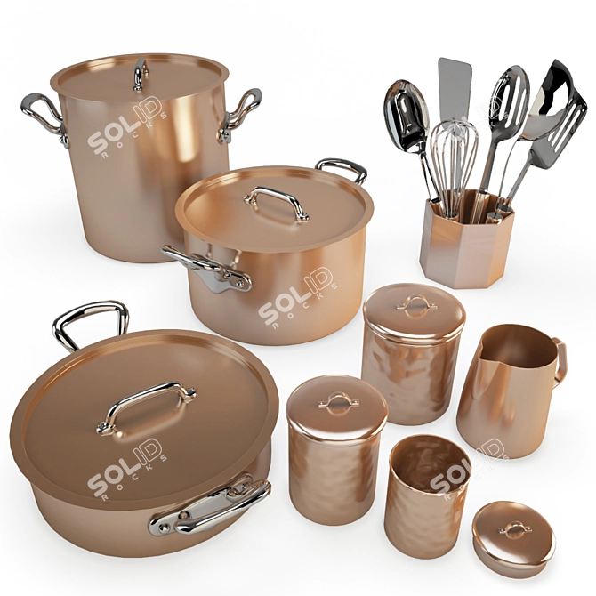 Copper Tableware Set: Pans, Utensils & Cream Pitcher 3D model image 1