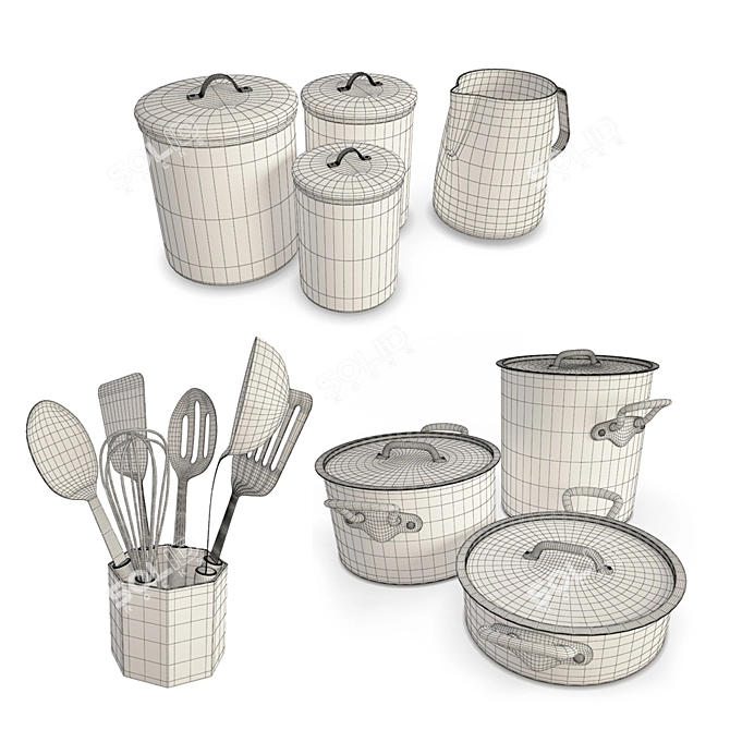 Copper Tableware Set: Pans, Utensils & Cream Pitcher 3D model image 2