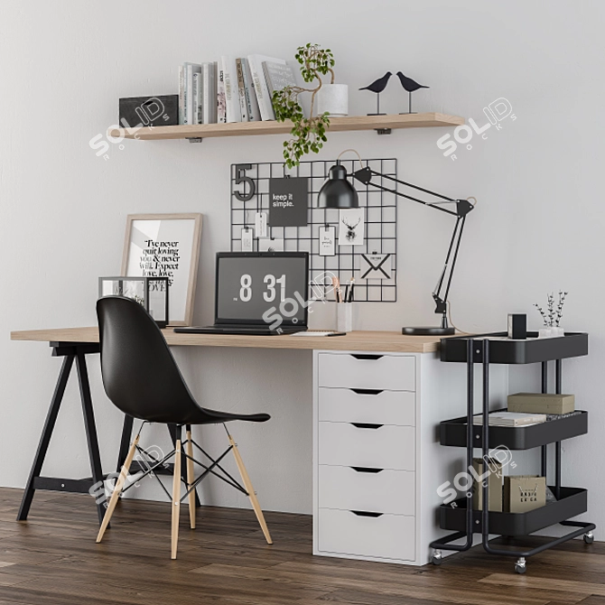 Modern Home Office Set: Plants, Laptop, Books 3D model image 1