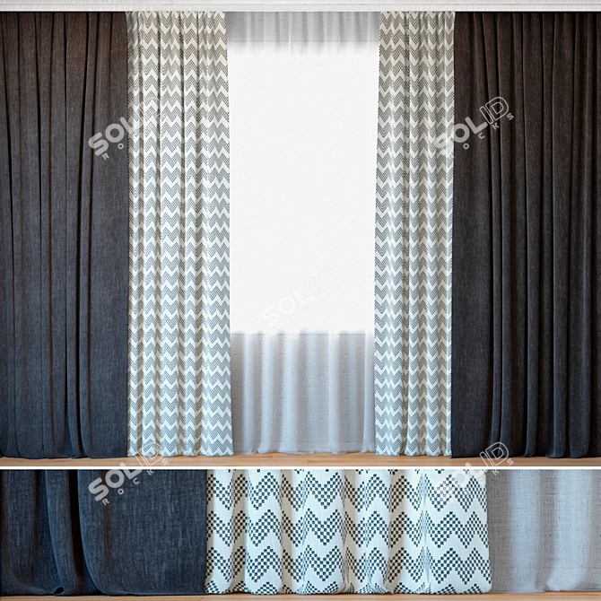 Deluxe Grey Chevron Curtains with Tulle 3D model image 1