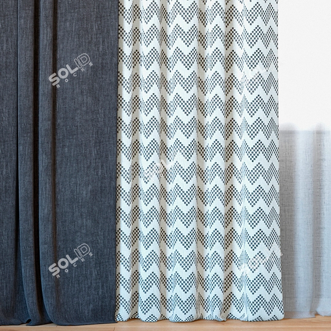 Deluxe Grey Chevron Curtains with Tulle 3D model image 2