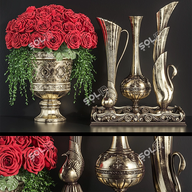 Antique Vases Red Rose Set 3D model image 1