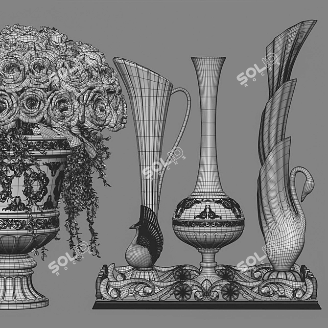 Antique Vases Red Rose Set 3D model image 3