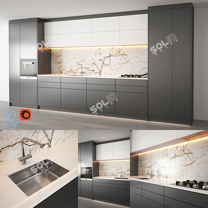 Modern Kitchen Cabinet with Gas Hob, Sink, Oven, and Hood 3D model image 1