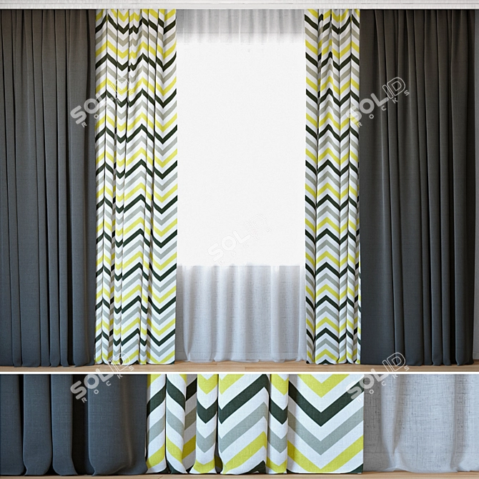 Yellow Grey Black Stripes Printed Curtains with Tulle 3D model image 1