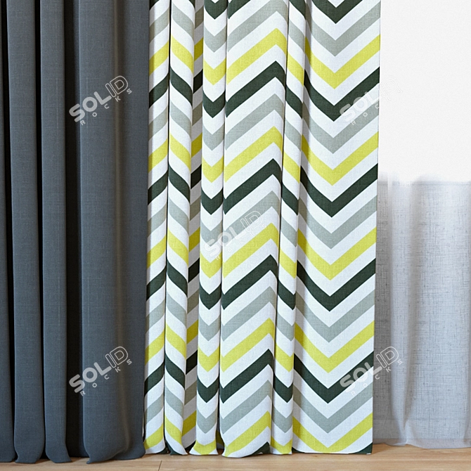 Yellow Grey Black Stripes Printed Curtains with Tulle 3D model image 2