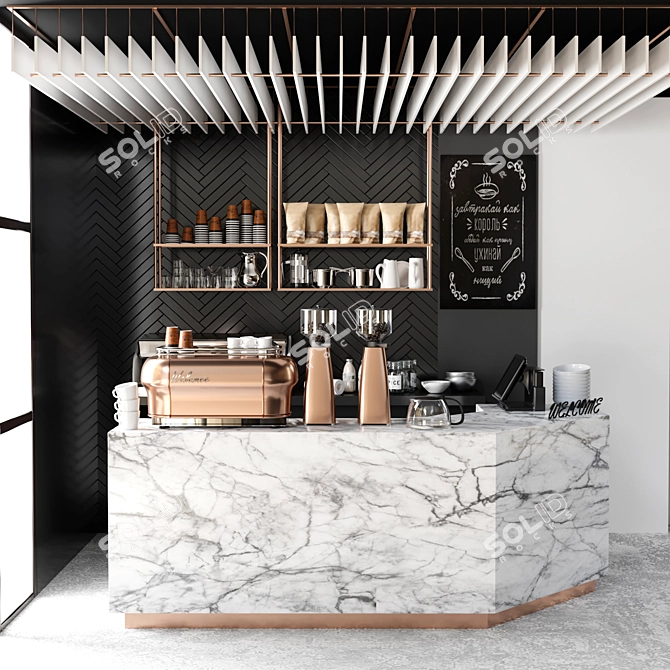 Café Elegance: Coffee, Machines, Dishes & Marble 3D model image 1