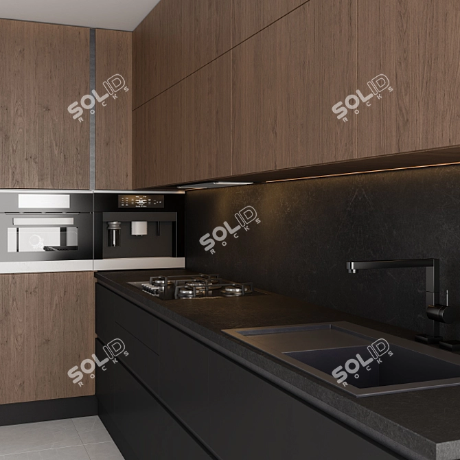 Sleek Black Wood Kitchen 3D model image 2