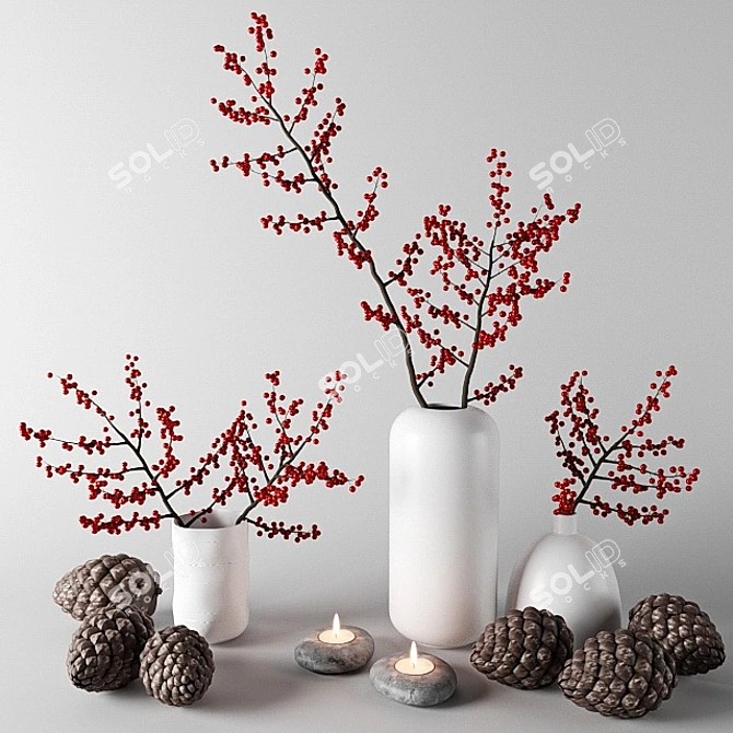 Red Berry Branches in White Vases 3D model image 1