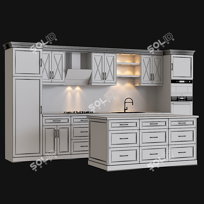 7-Piece Kitchen Set: Cooktop, Oven, Microwave, Sink, Mixer, Range Hood 3D model image 2