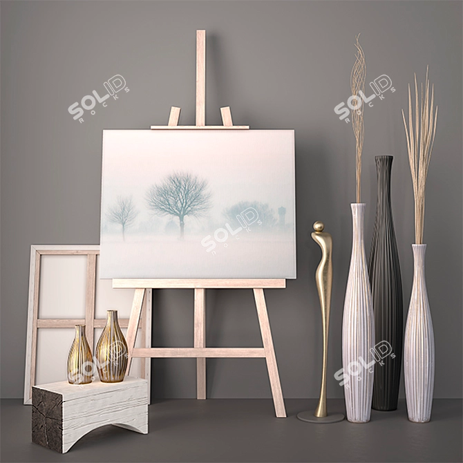 Elegant Decor Set: Vases, Dry Grass & Statuette 3D model image 1