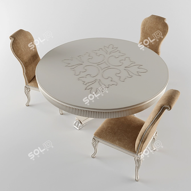 Vintage Wood Circle Table & Velvet Chair 3D model image 2