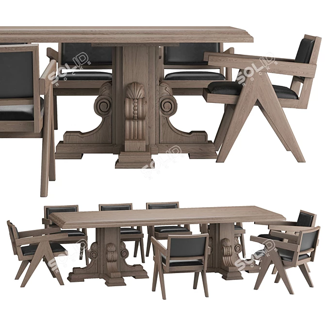 Elegant RH Carved Dining Set 3D model image 1