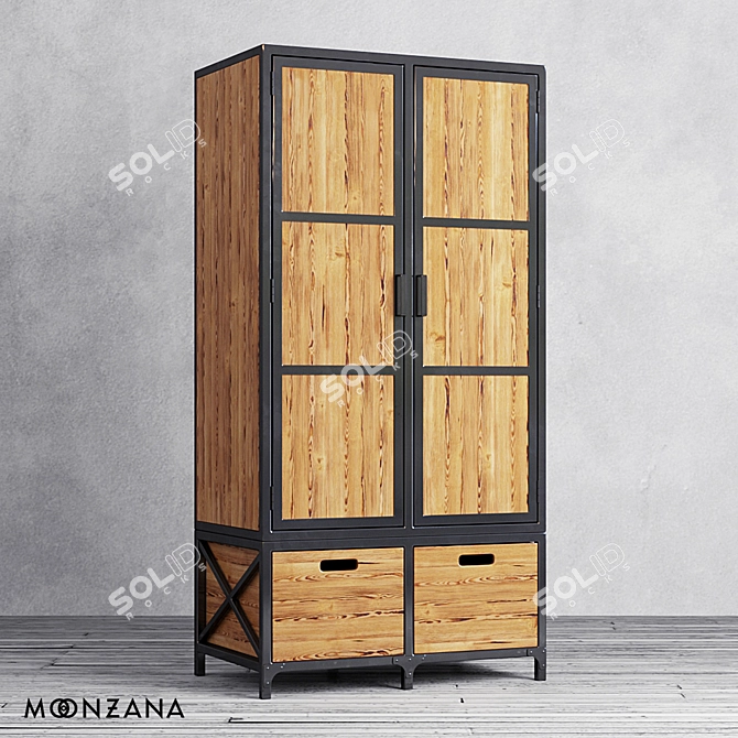 Vintage Pine Wardrobe with Metal Frame 3D model image 1