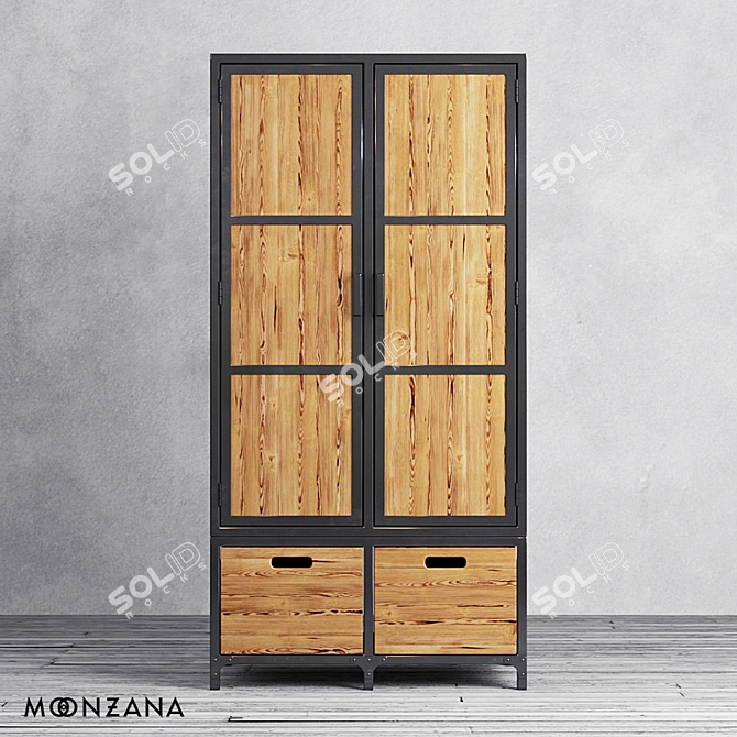 Vintage Pine Wardrobe with Metal Frame 3D model image 2