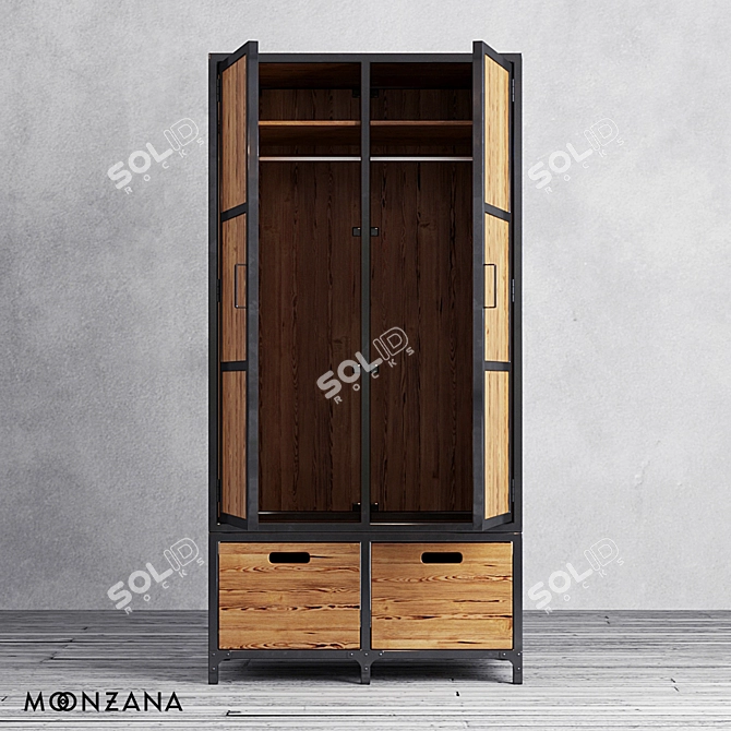 Vintage Pine Wardrobe with Metal Frame 3D model image 3