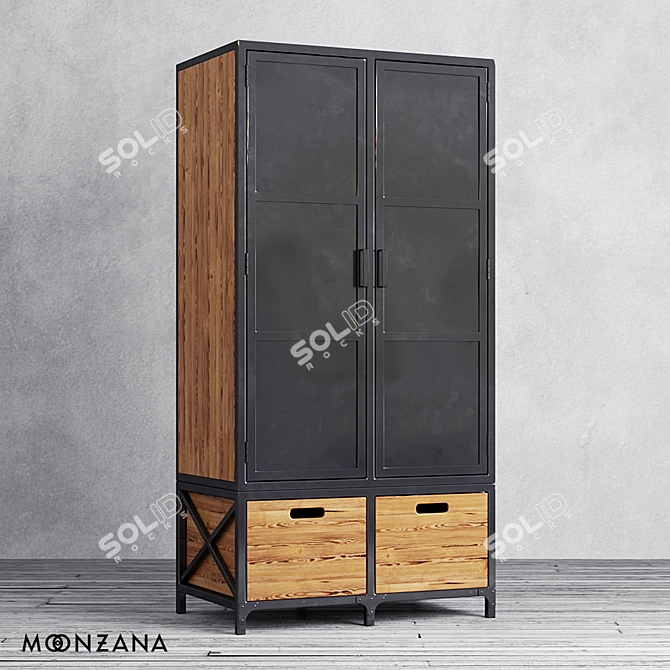 Rustic Pine Wood Wardrobe with Metal Accents 3D model image 1